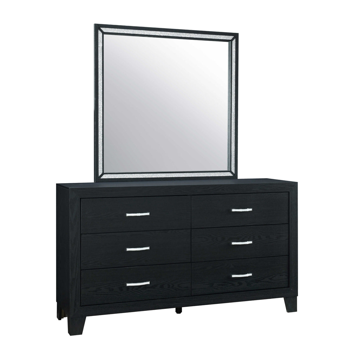 Reid Black dresser and mirror on a clean white background