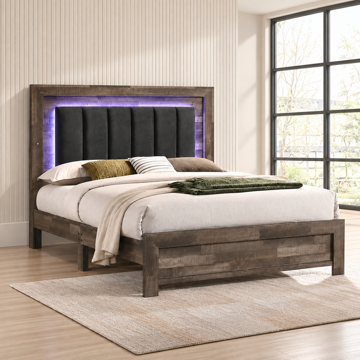 Athens Driftwood Brown LED Farmhouse Bed with Black Velvet Headboard — lifestyle view, bed only