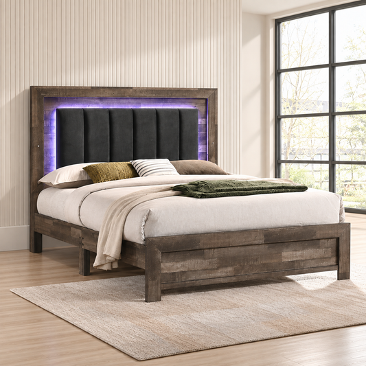 Athens Driftwood Brown LED Farmhouse Bed with Black Velvet Headboard — lifestyle view, bed only