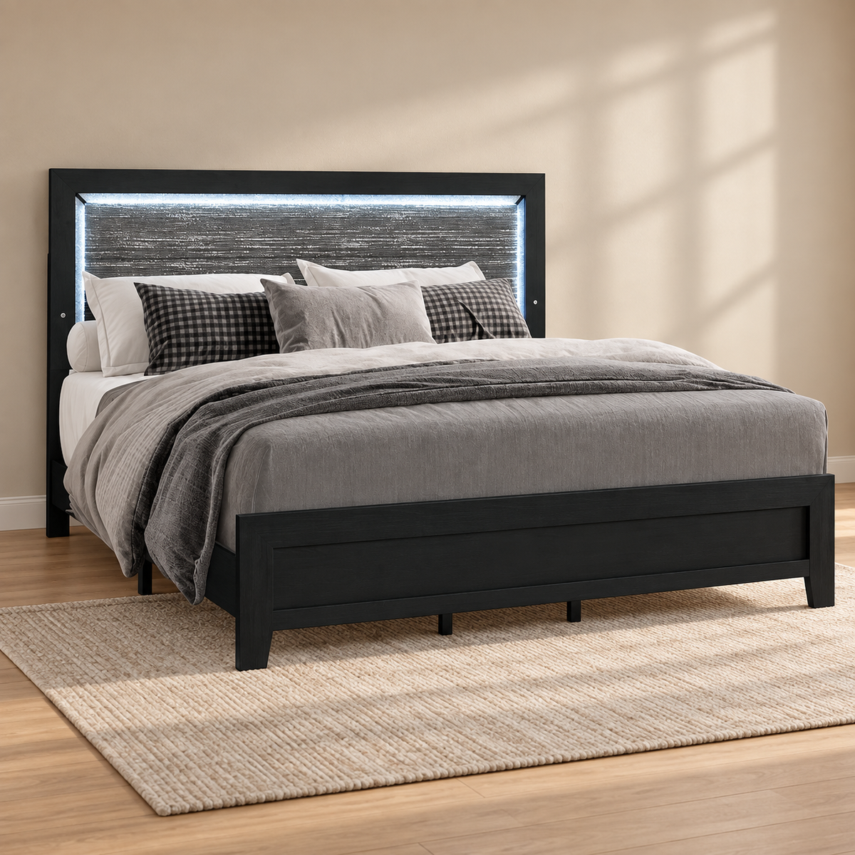 Reid Black LED Bed Frame with Mirrored & Crushed Crystal Accents — lifestyle view, bed only