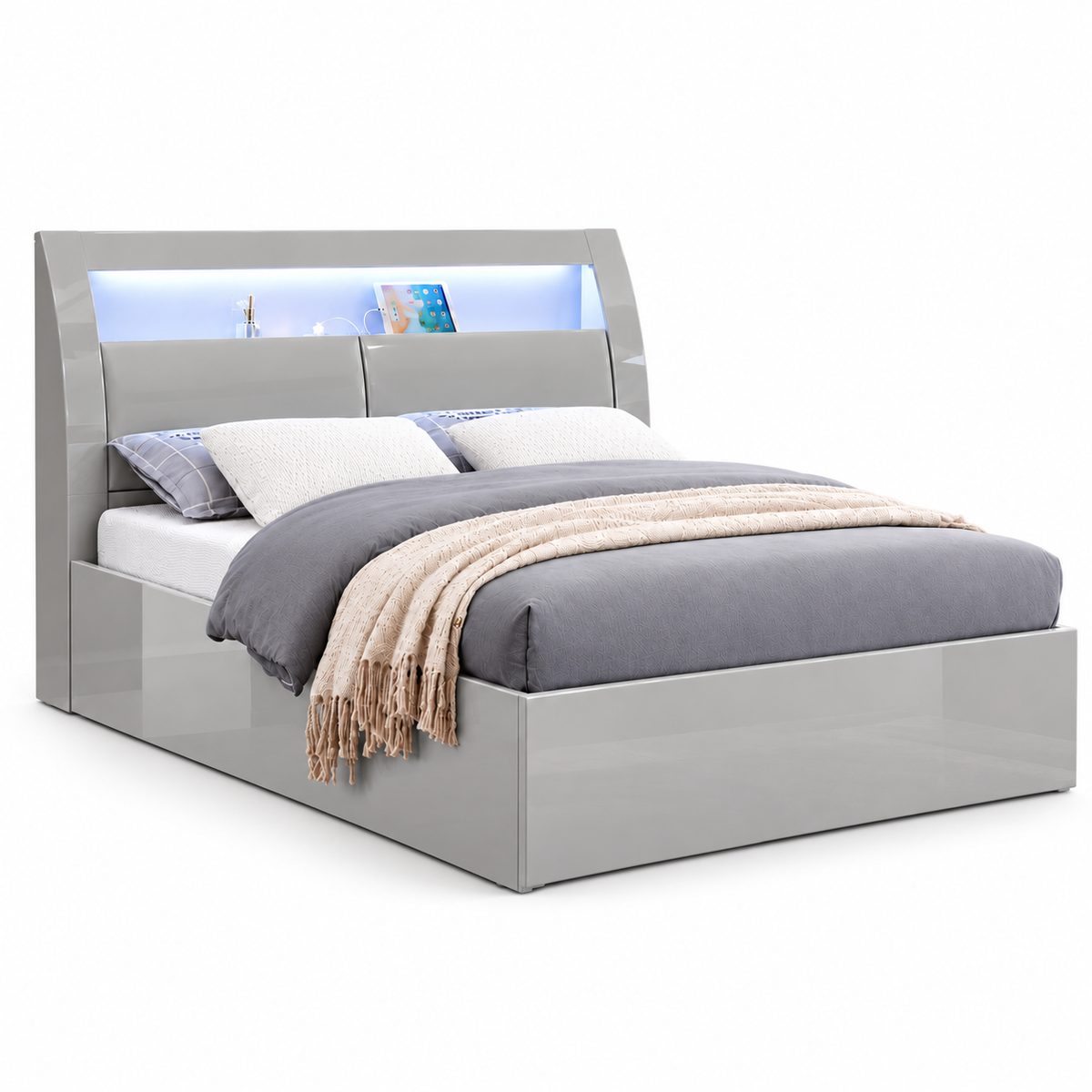 New York Dove Grey LED Hydraulic Storage Platform Bed Frame with USB — clean product view