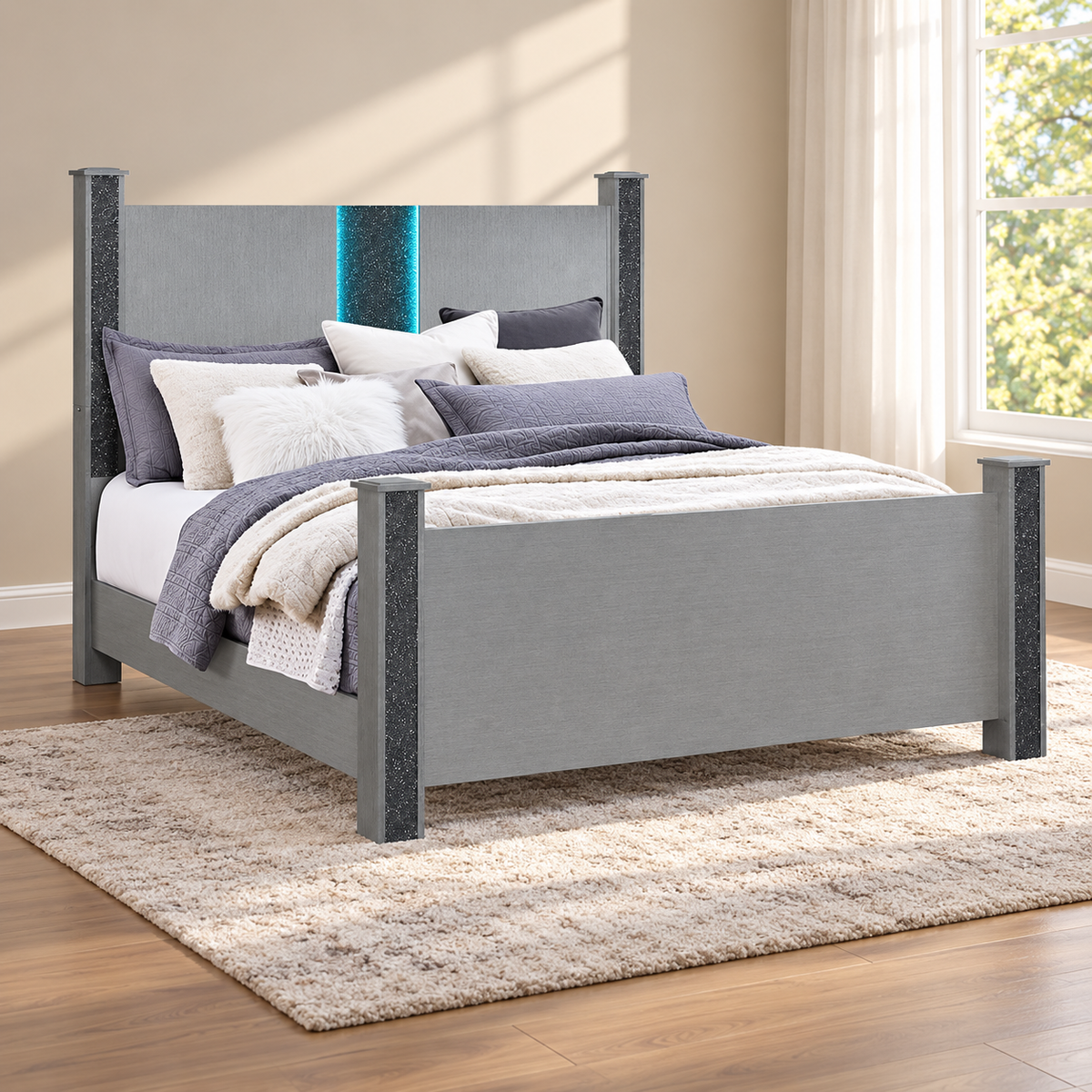 Logan Silver Glam Bed Frame with Bluetooth & Disco Lights — lifestyle view, bed only