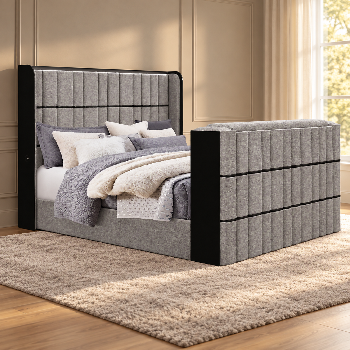 Isabella Grey LED Bed Frame with TV Lift & Fireplace — lifestyle view, bed only