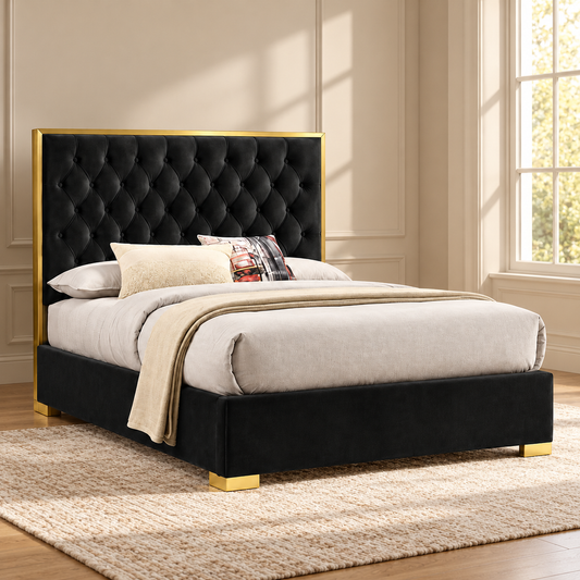 Chloe Black Velvet & Gold Platform Bed Frame — lifestyle view, bed only
