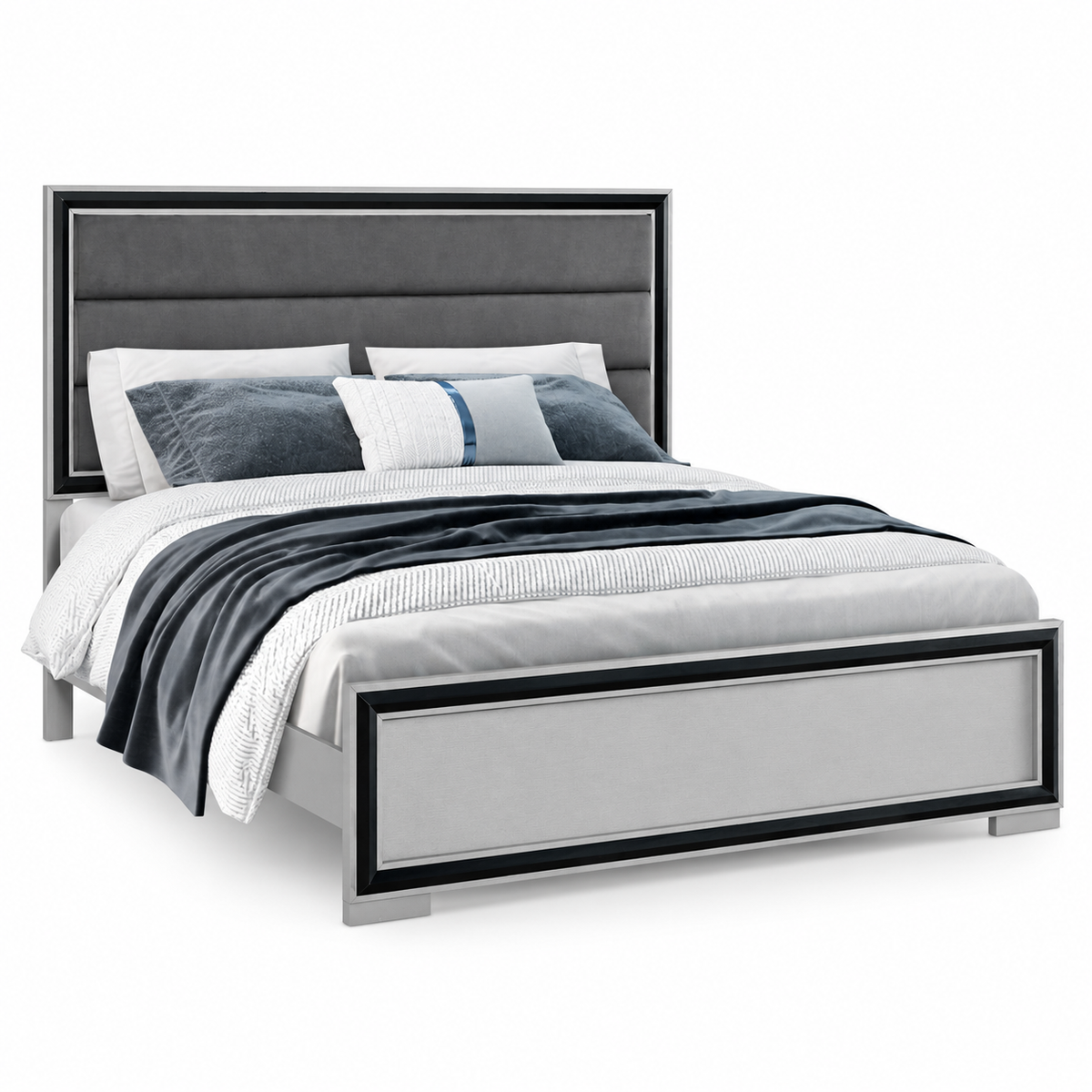 Amelia Collection Silver & Black LED Upholstered Bed Frame — clean product view