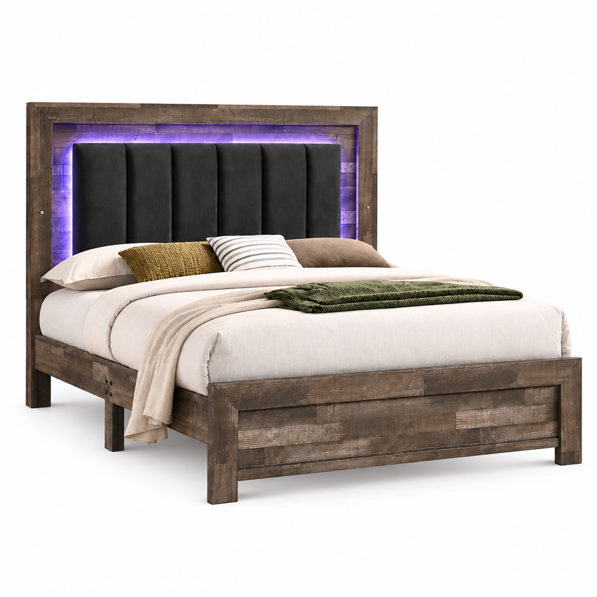Athens Driftwood Brown LED Farmhouse Bed with Black Velvet Headboard — clean product view