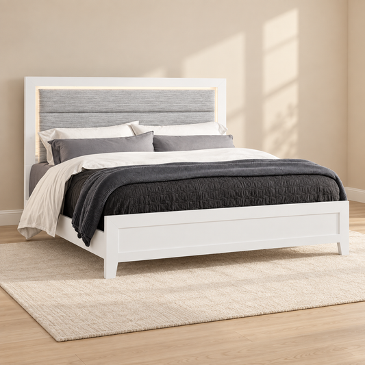Luccia Collection Modern White LED Bed Frame with Grey Upholstered Headboard — lifestyle view, bed only
