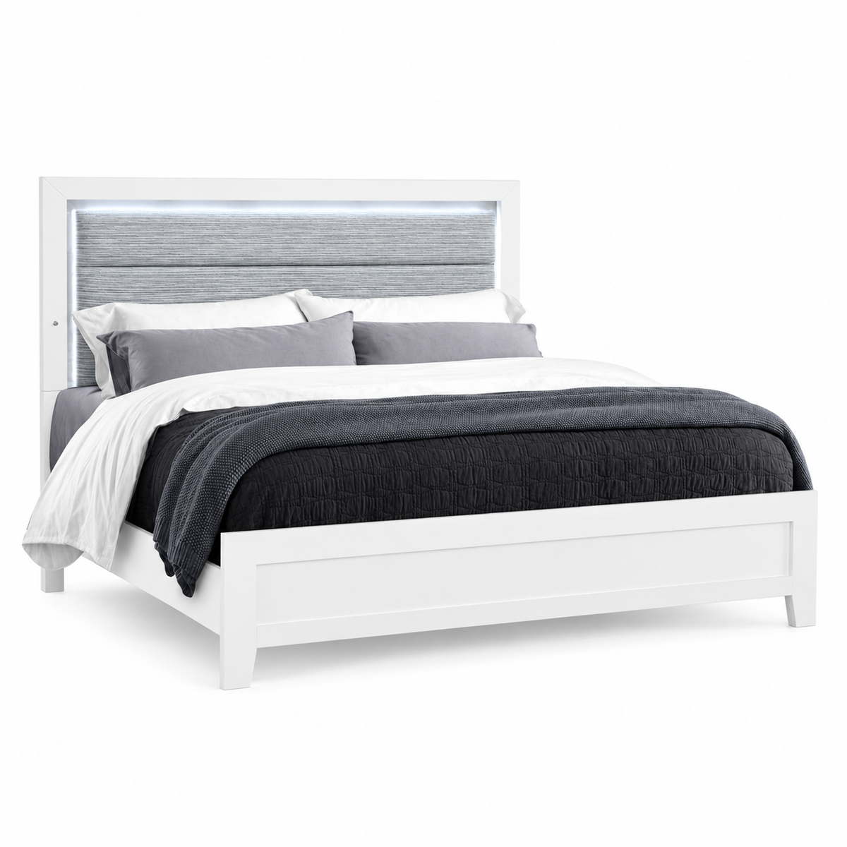 Luccia Collection Modern White LED Bed Frame with Grey Upholstered Headboard — clean product view