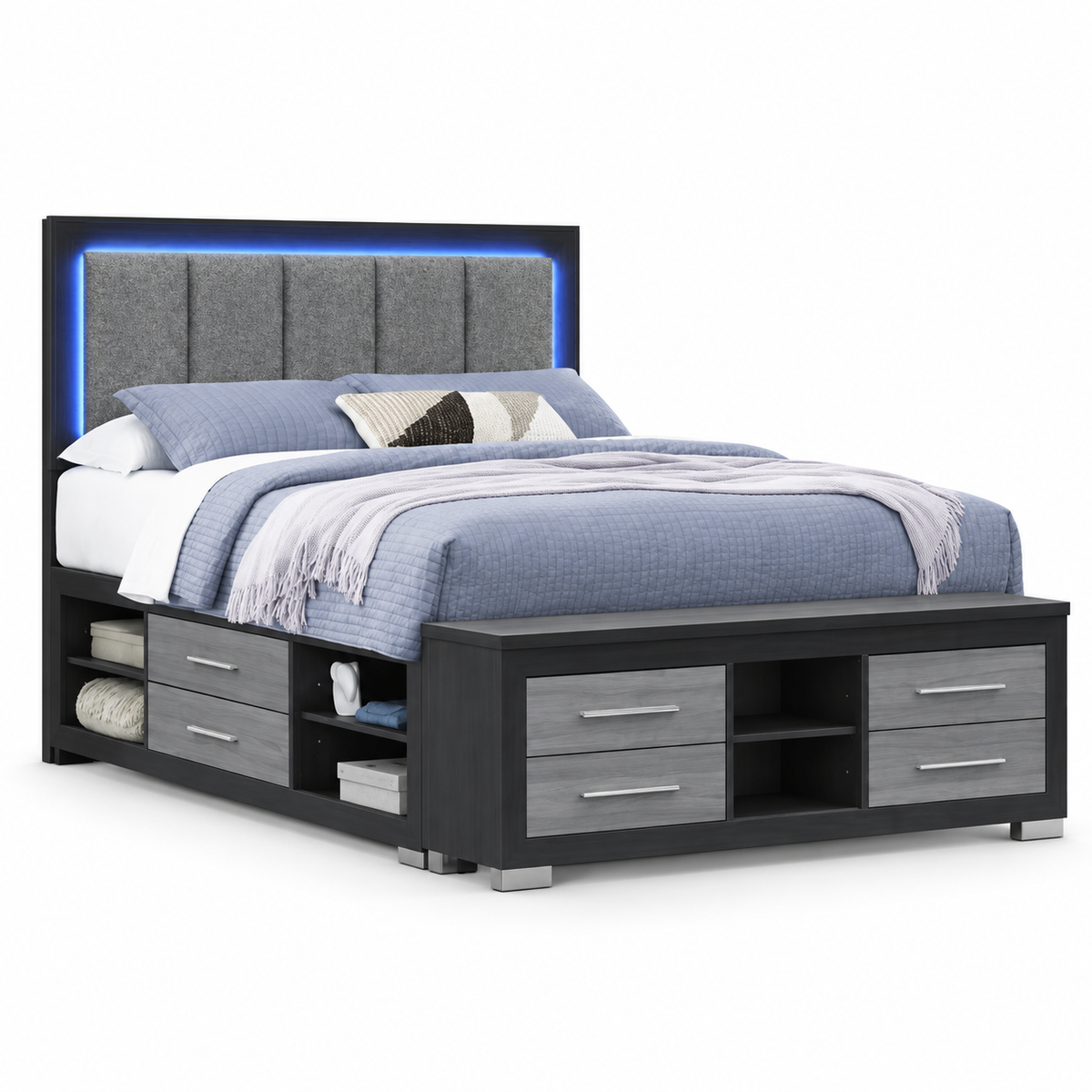 Emma Collection LED Storage Platform Bed with USB-C Charging – Black/Grey or Natural/White — clean product view