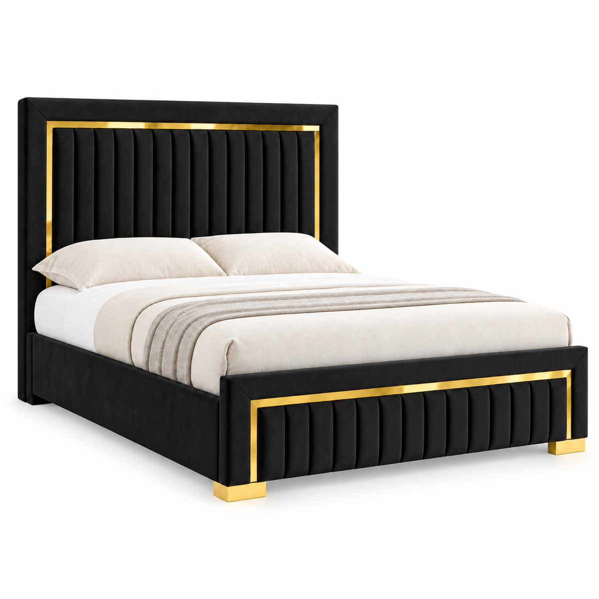 Aurora Black Velvet Platform Bed with Deep Tufted Headboard & Gold Accents — clean product view