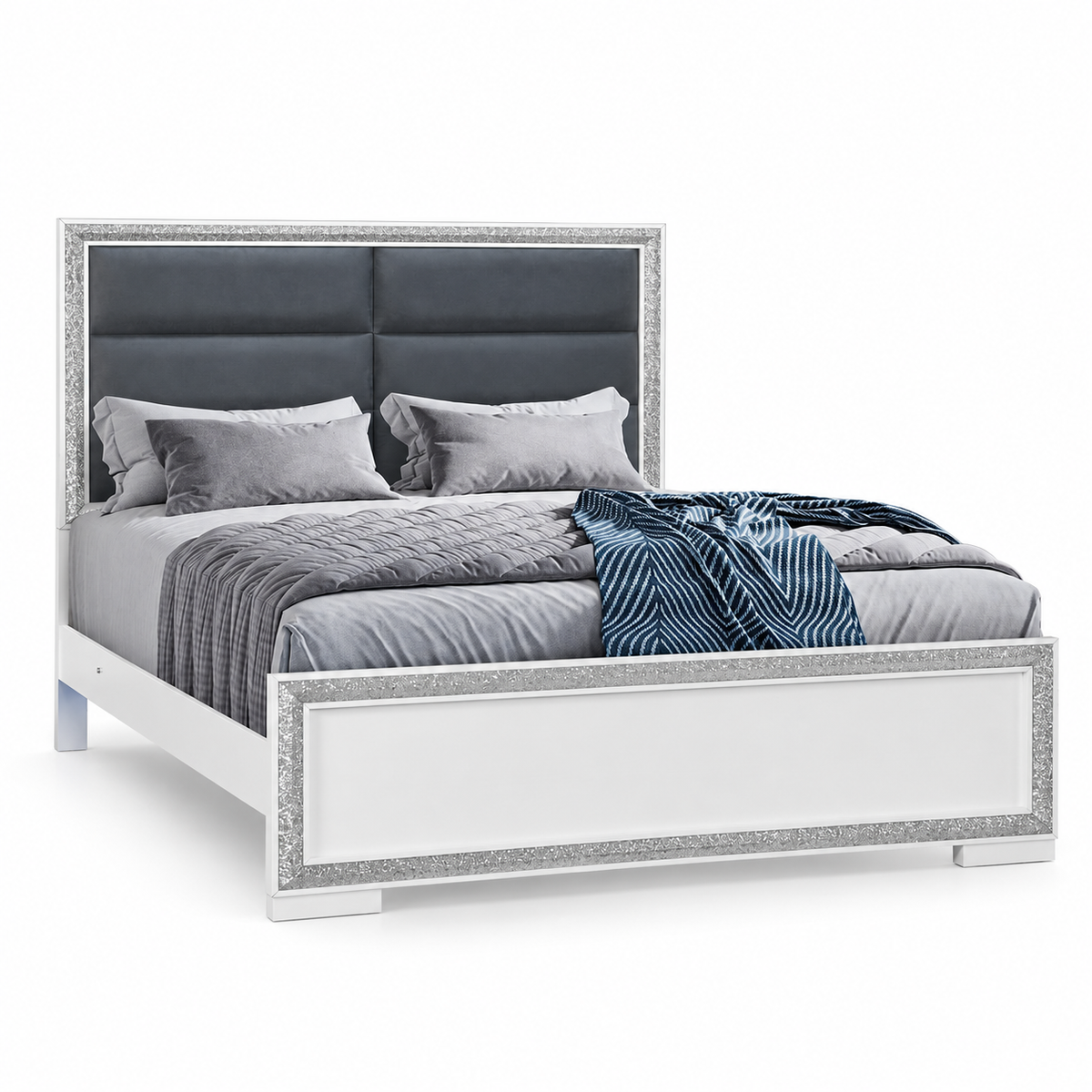 Andros Collection Glossy White & Silver LED Upholstered Bed Frame — clean product view