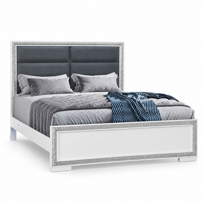 Andros Collection Glossy White & Silver LED Upholstered Bed Frame — clean product view