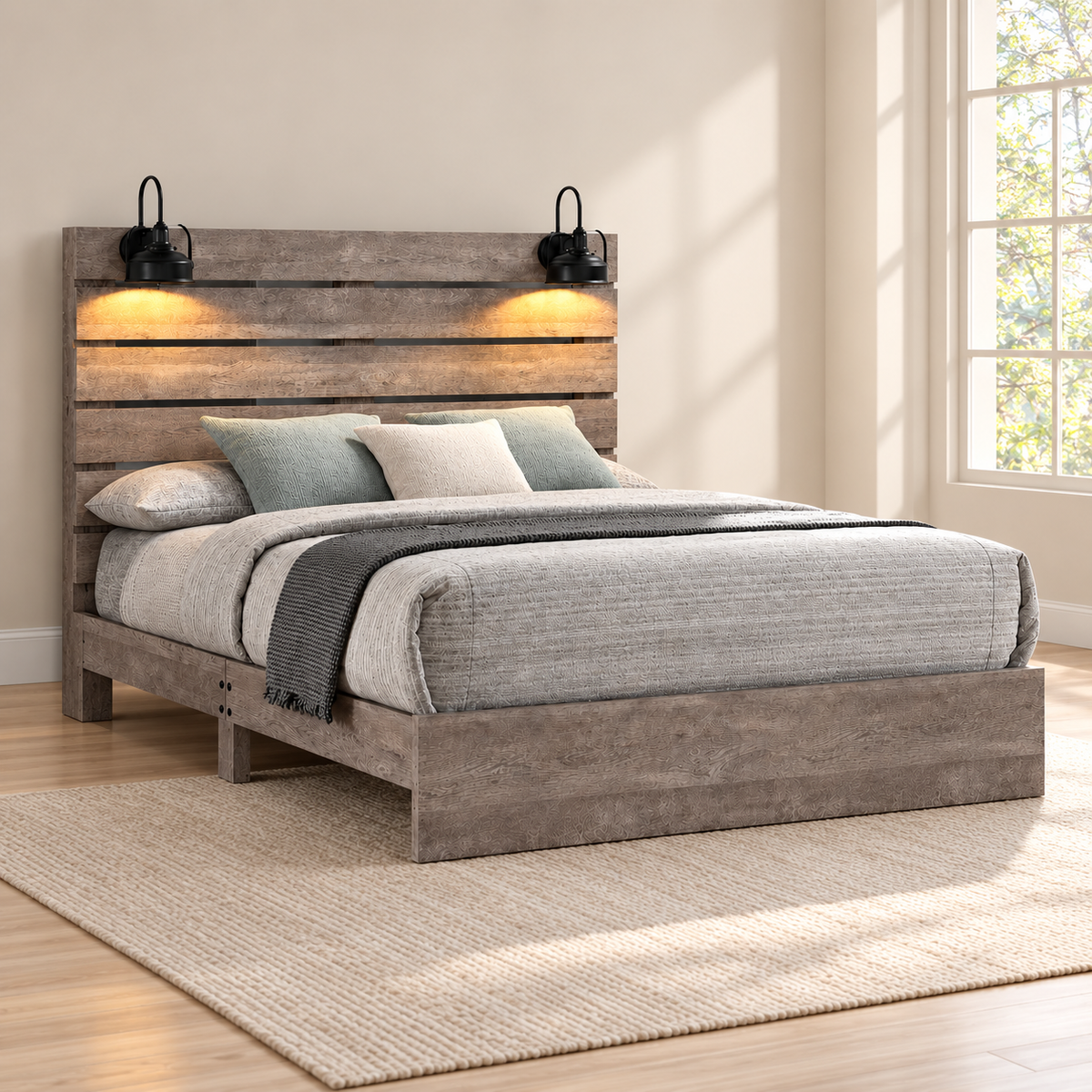 Charlotte Collection Driftwood Grey LED Platform Bed with USB Charging — lifestyle view, bed only