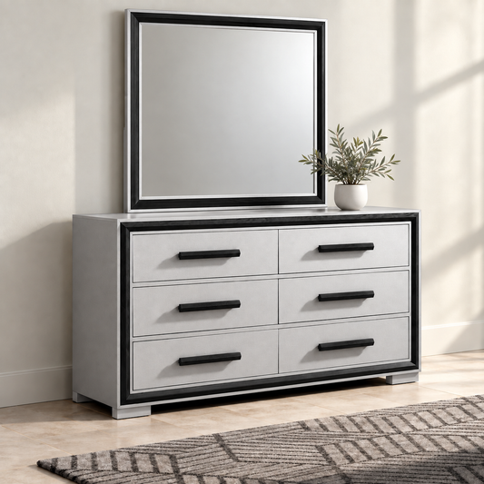 Amelia silver and black dresser and mirror — full lifestyle view with one potted plant