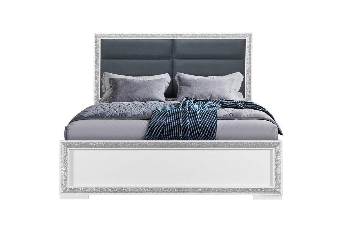 Andros Collection Glossy White & Silver LED Bedroom Set with Upholstered Headboard
