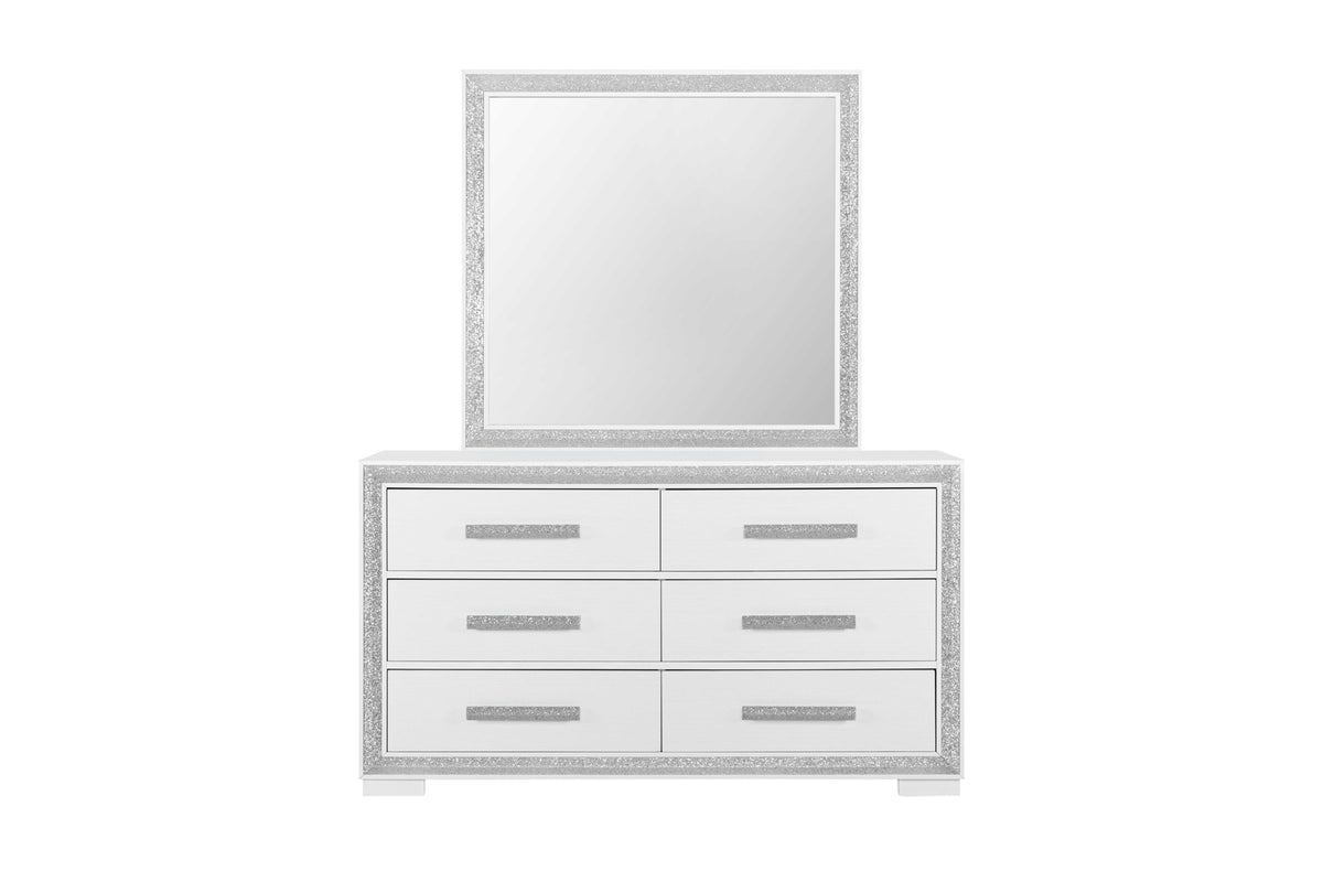 Andros Collection Glossy White & Silver LED Bedroom Set with Upholstered Headboard
