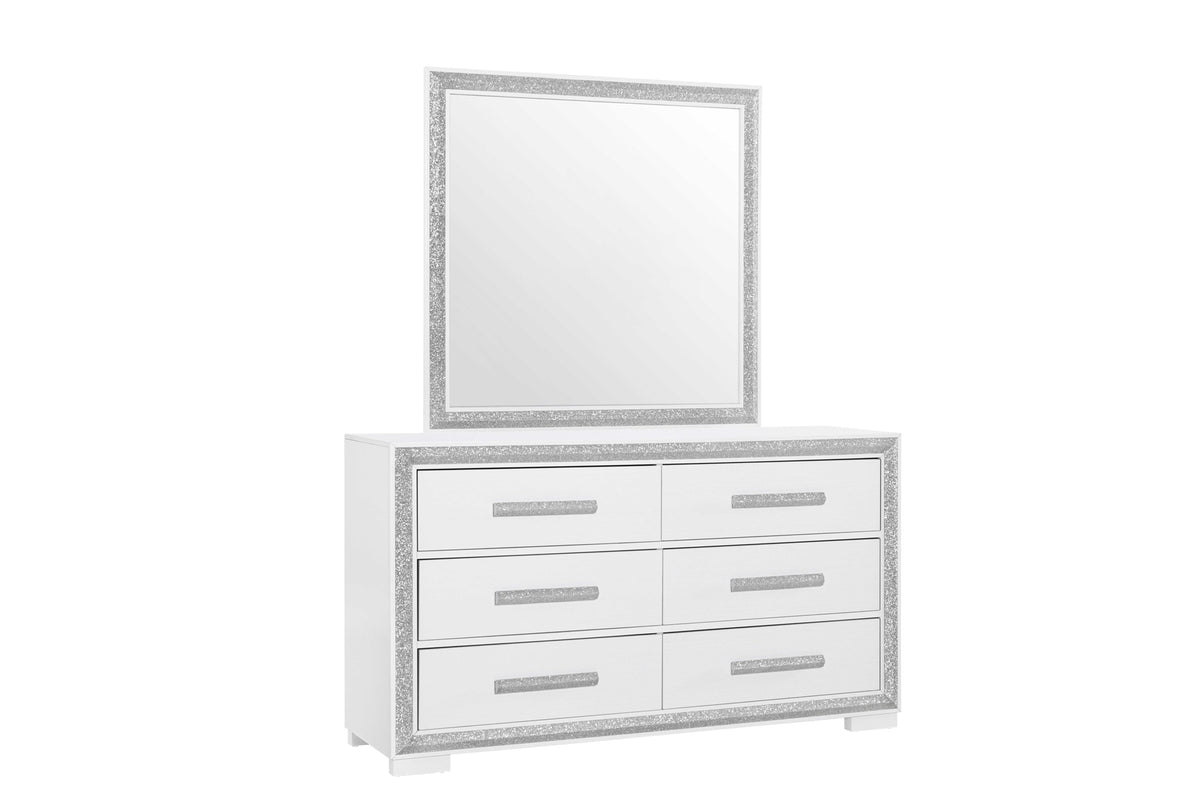 Andros Collection Glossy White & Silver LED Bedroom Set with Upholstered Headboard