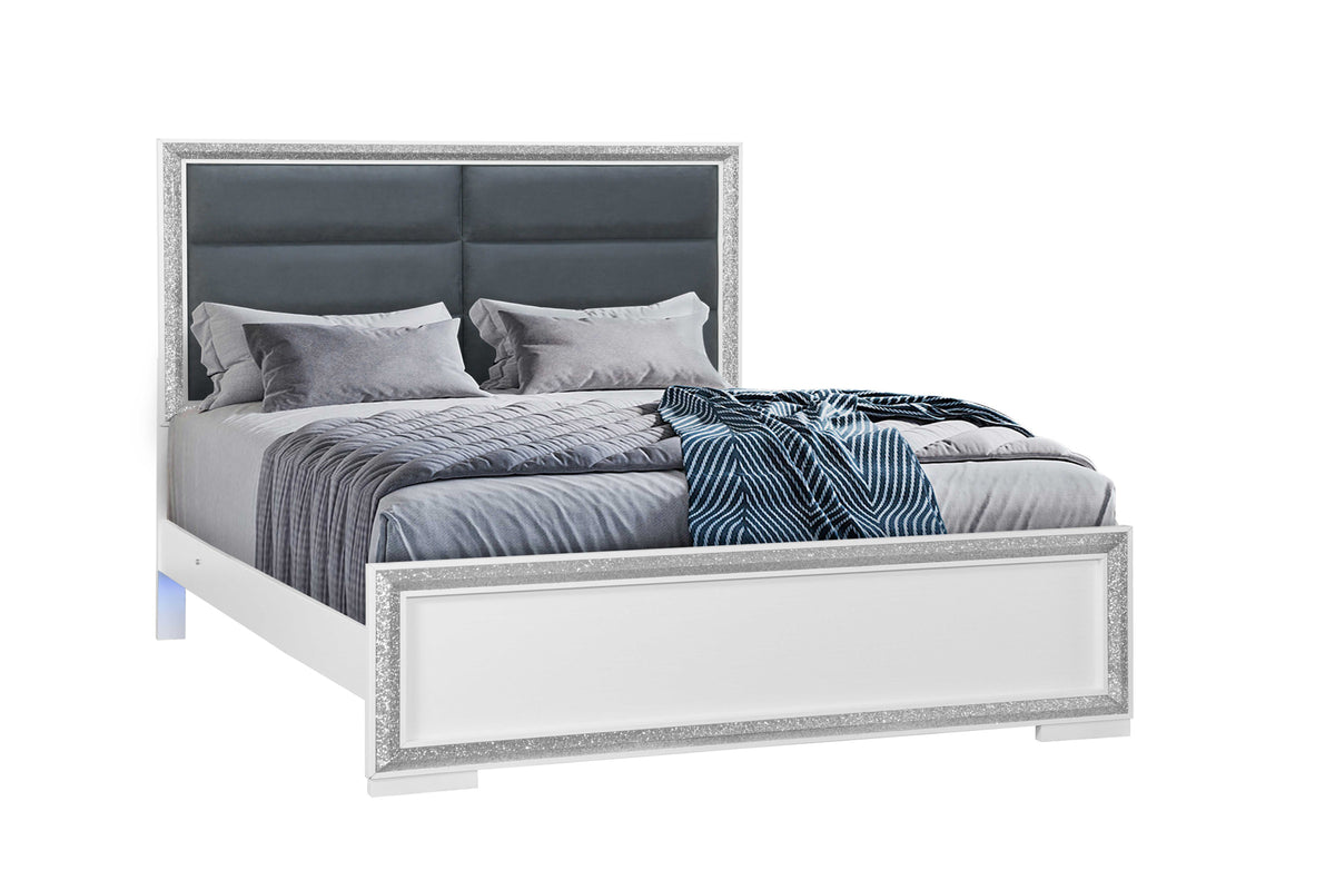 Andros Collection Glossy White & Silver LED Bedroom Set with Upholstered Headboard