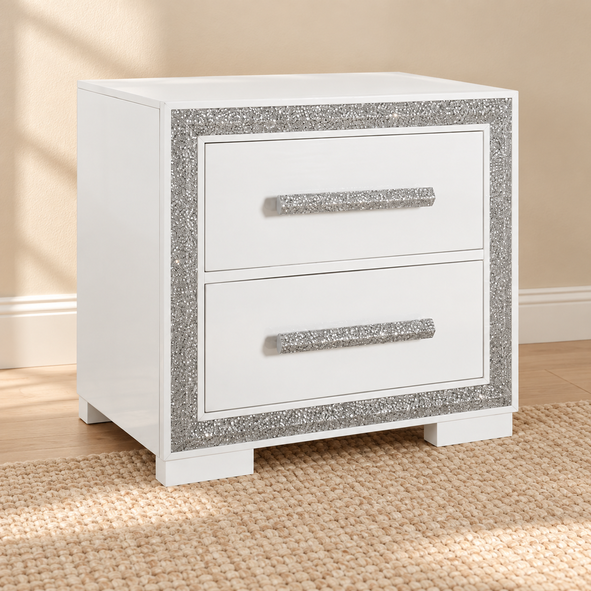 Andros Collection Glossy White & Silver Nightstand