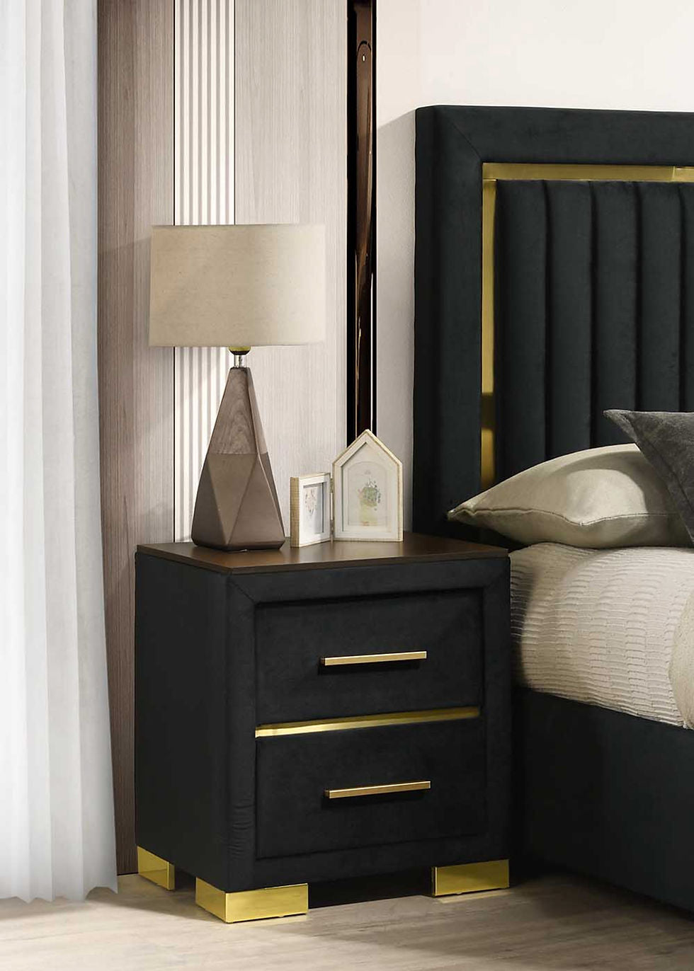 Aurora Black Velvet & Gold Complete Bedroom Set vendor gallery image 4