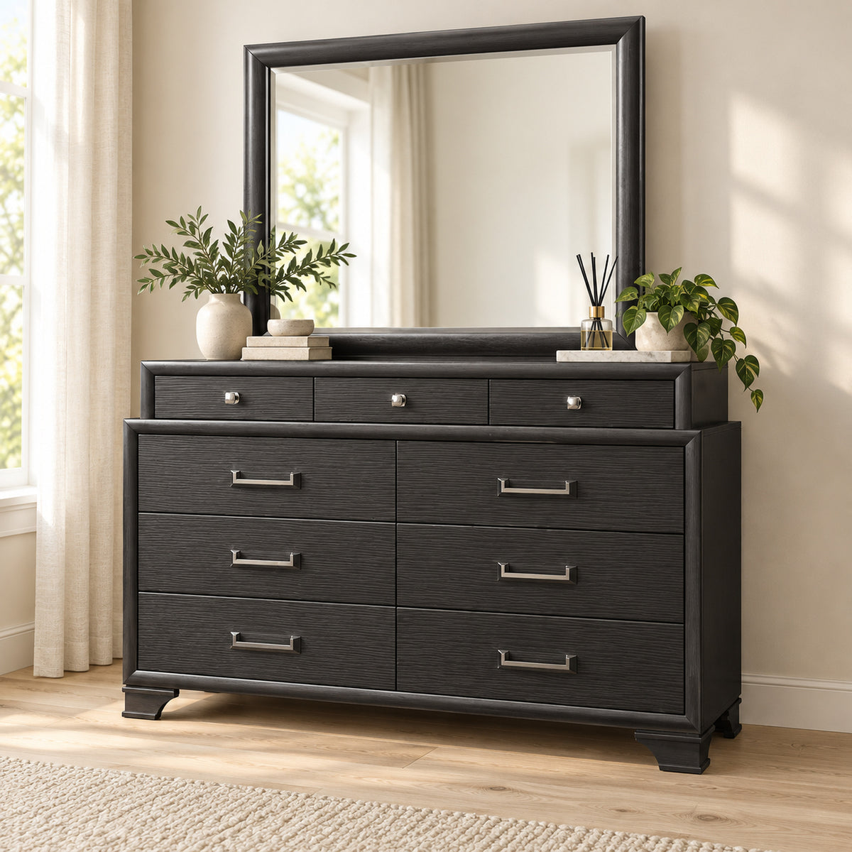 Jordyn Grey dresser and mirror in a bedroom lifestyle setting