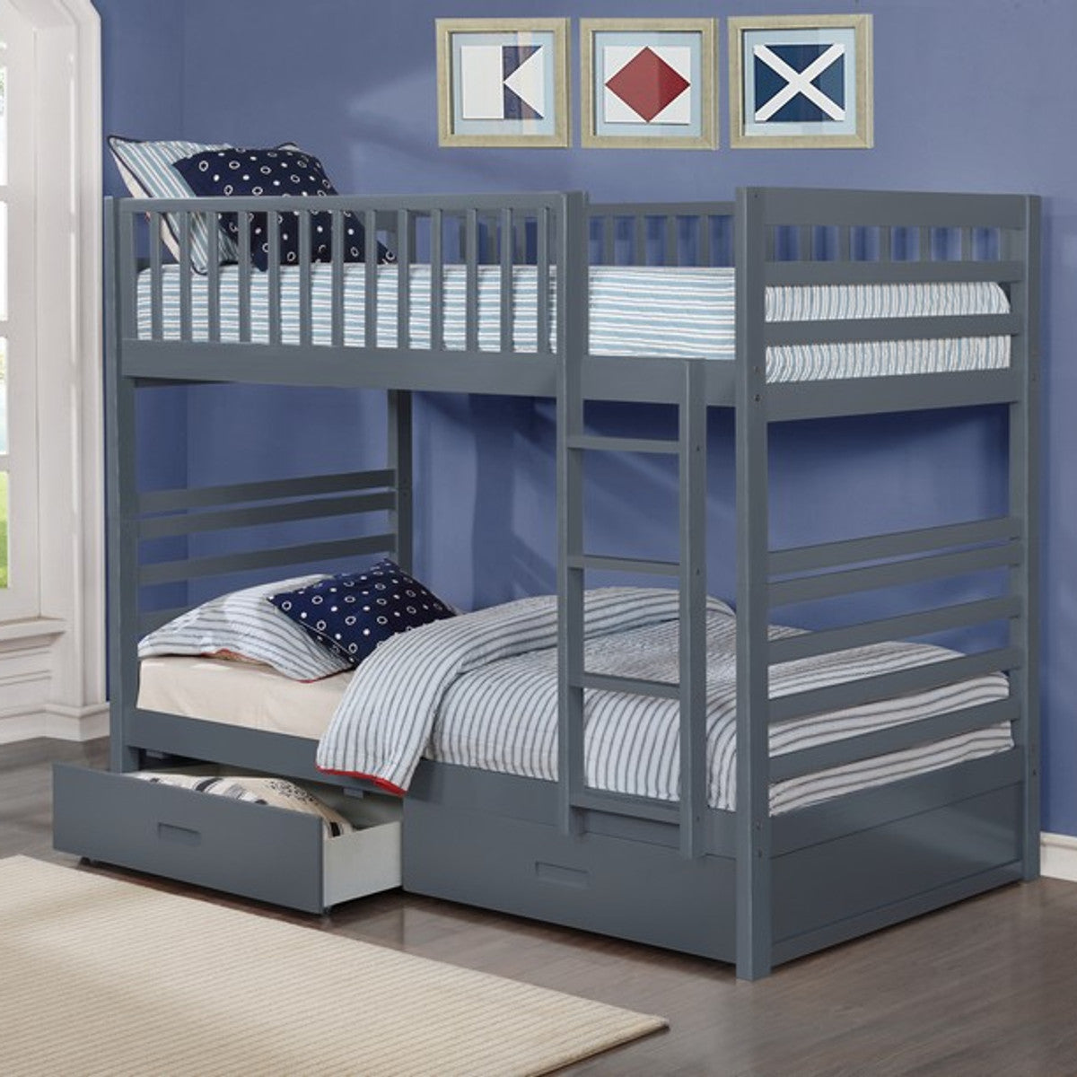 Convertible Bunk Bed with Storage Drawers – Single/Single, Single/Double or Double/Double - Grey Single/Single Includes 2 Sto