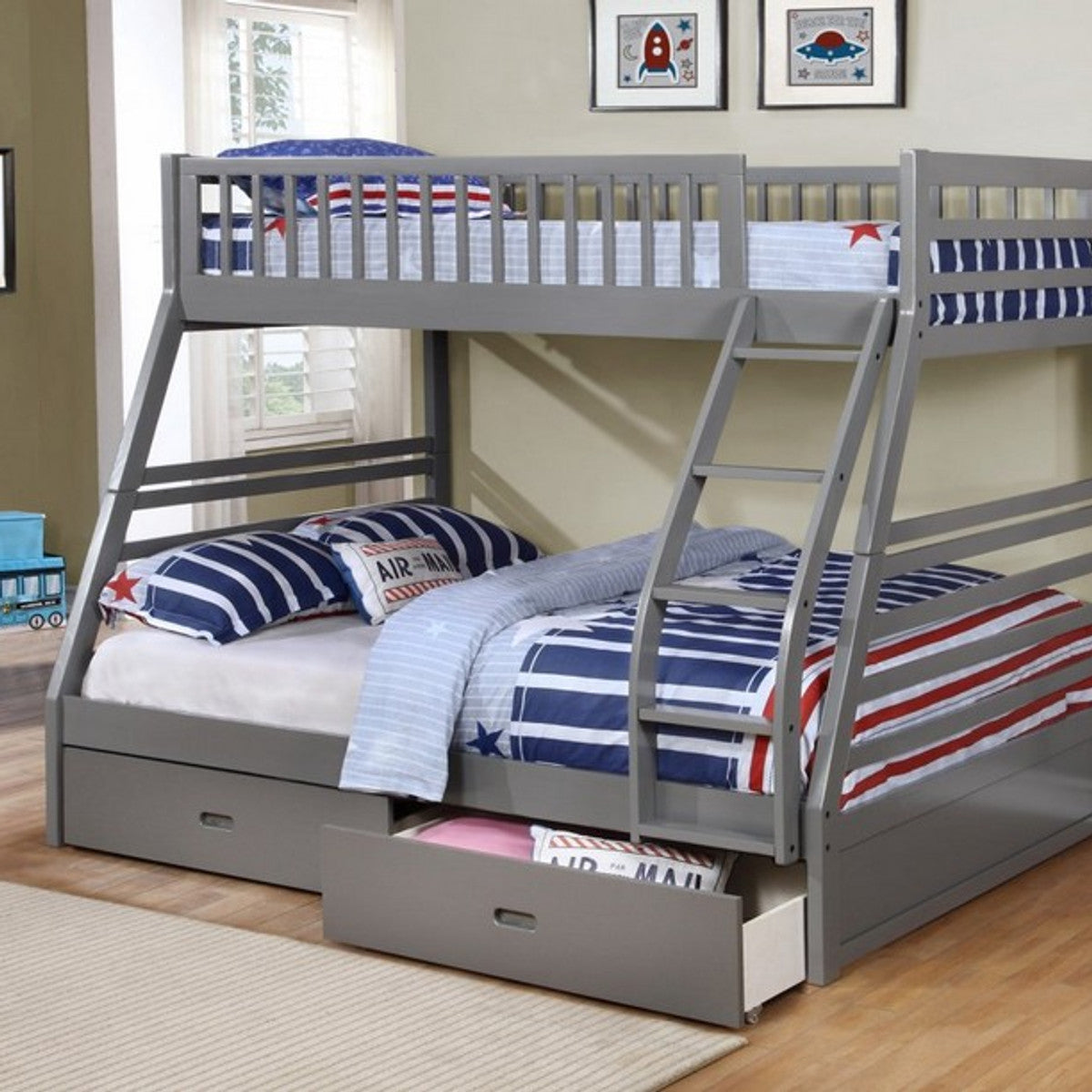 Convertible Bunk Bed with Storage Drawers – Single/Single, Single/Double or Double/Double - Grey Single/Double Includes 2 Sto