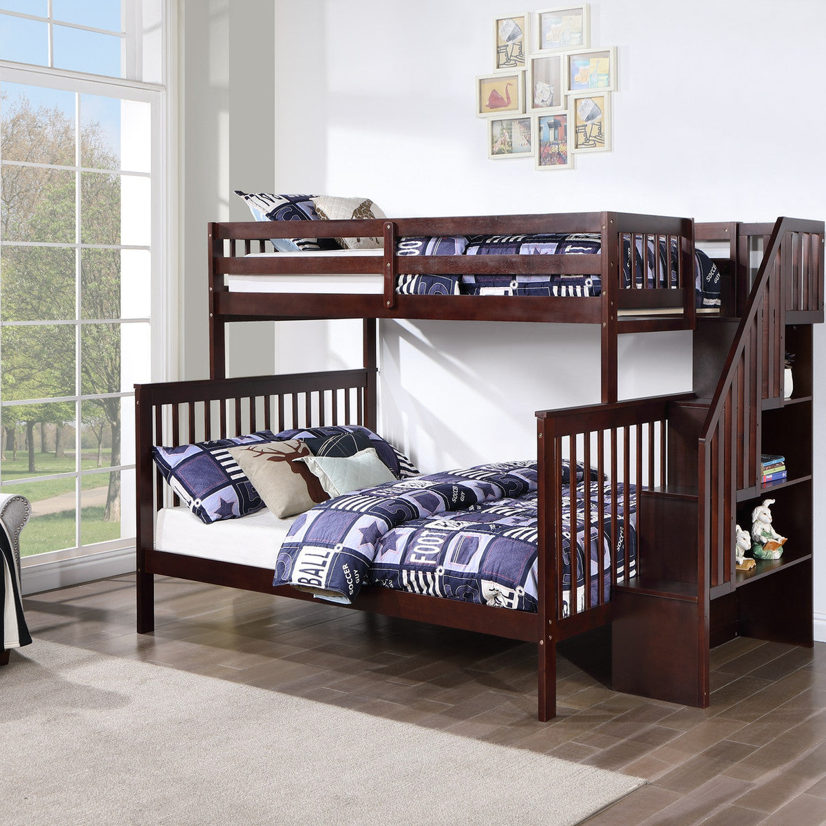 Espresso Single/Double Bunk Only — reversible staircase bunk bed