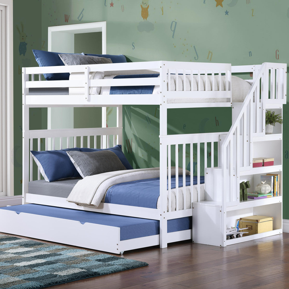 White Double/Double reversible staircase bunk bed with pull-out trundle