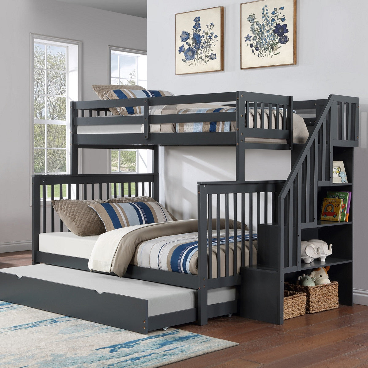 Grey Single/Double reversible staircase bunk bed with pull-out trundle