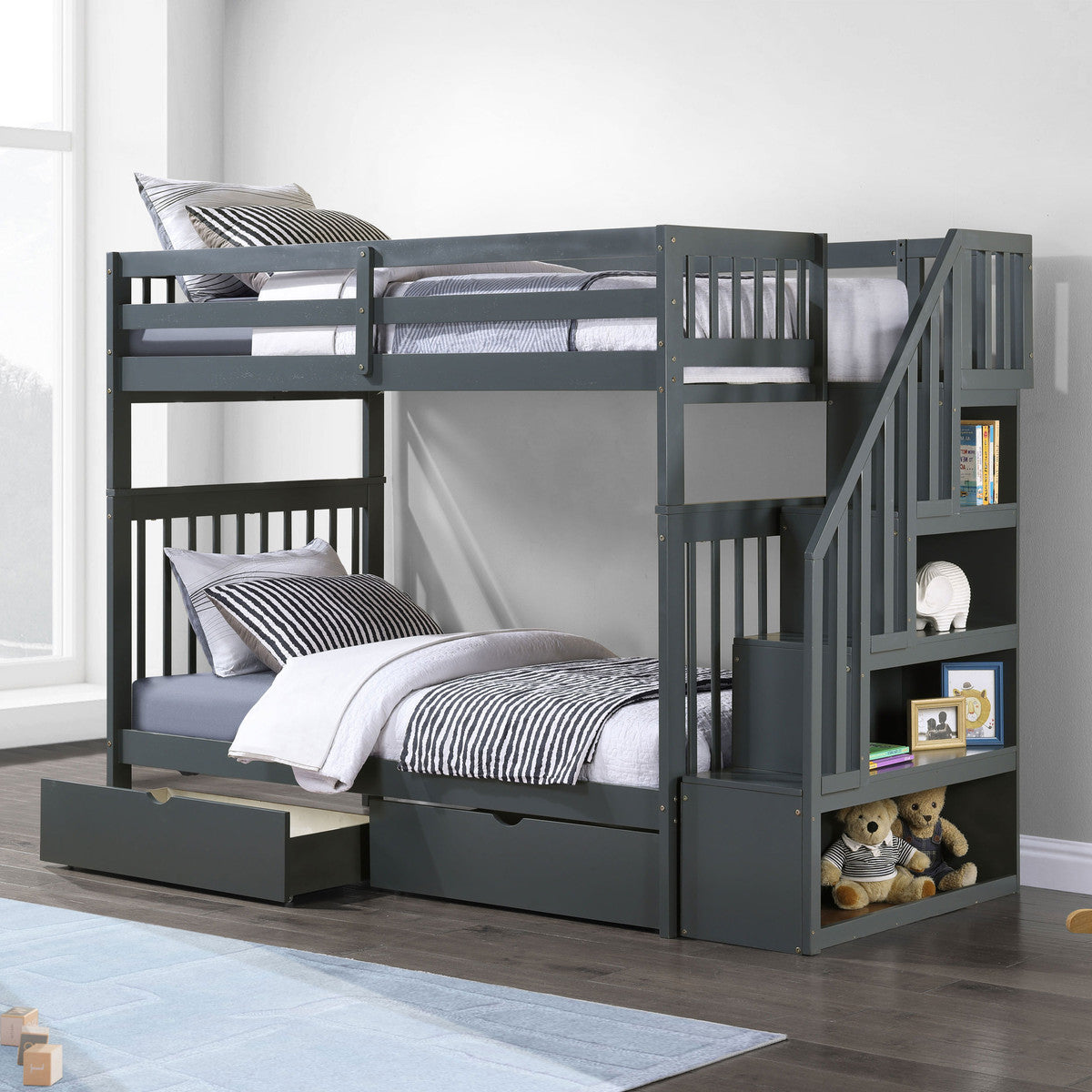 Grey Single/Single reversible staircase bunk bed with 2 storage drawers