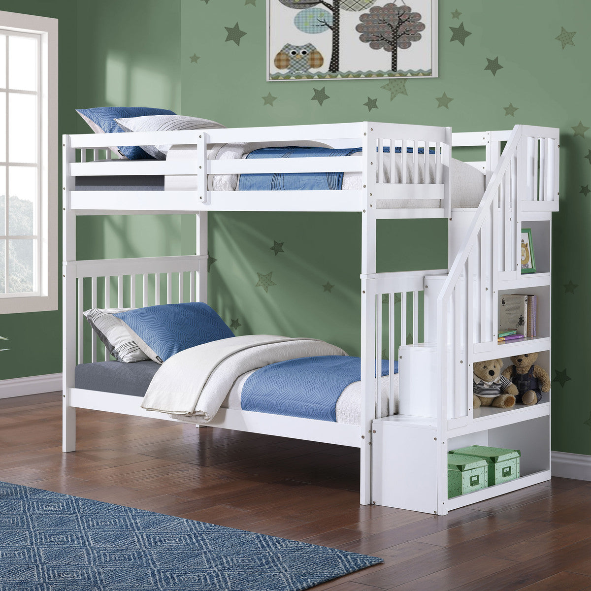White Single/Single Bunk Only — reversible staircase bunk bed