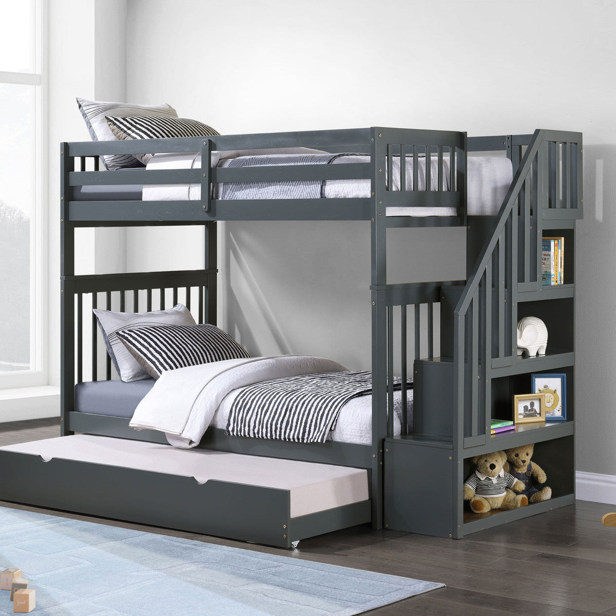 Grey Single/Single reversible staircase bunk bed with pull-out trundle