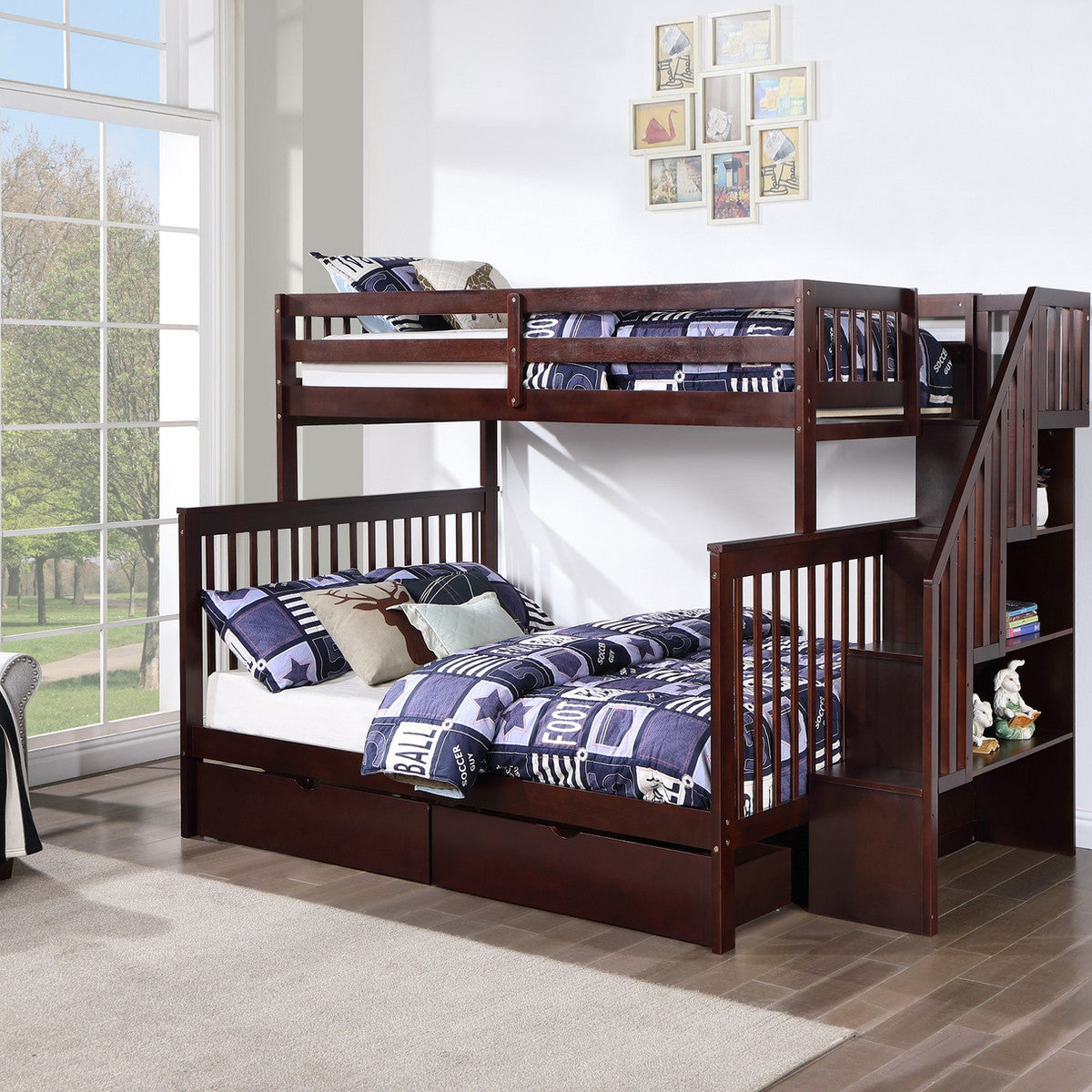 Espresso Single/Double reversible staircase bunk bed with 2 storage drawers