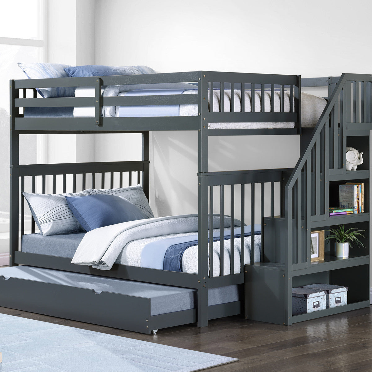 Grey Double/Double reversible staircase bunk bed with pull-out trundle