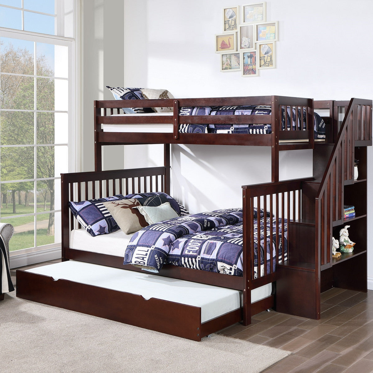 Espresso Single/Double reversible staircase bunk bed with pull-out trundle