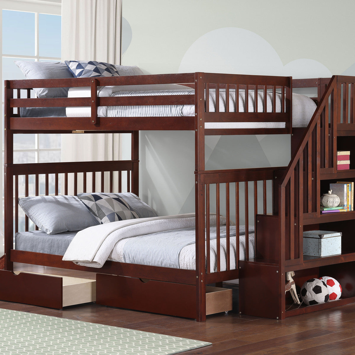Espresso Double/Double reversible staircase bunk bed with 2 storage drawers