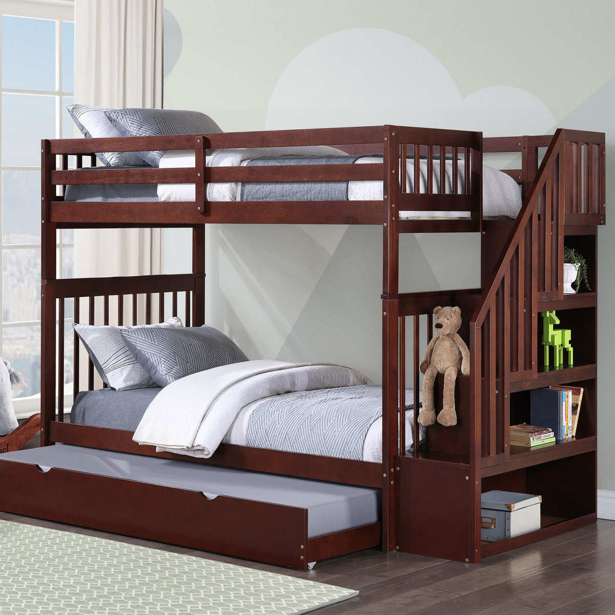 Espresso Single/Single reversible staircase bunk bed with pull-out trundle