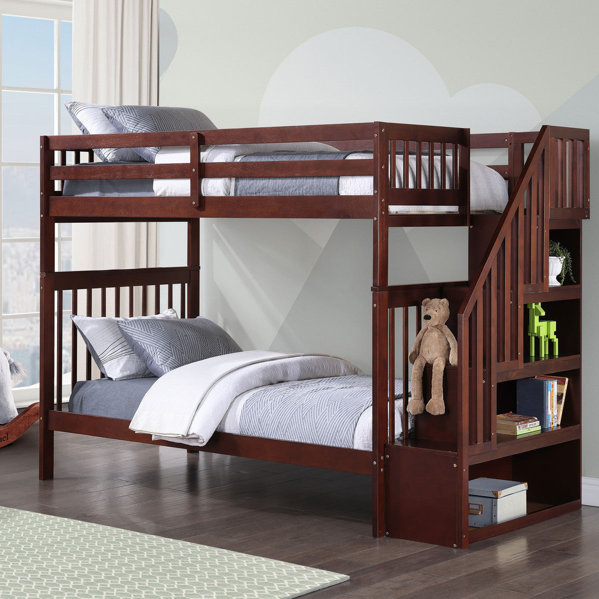 Espresso Single/Single Bunk Only — reversible staircase bunk bed