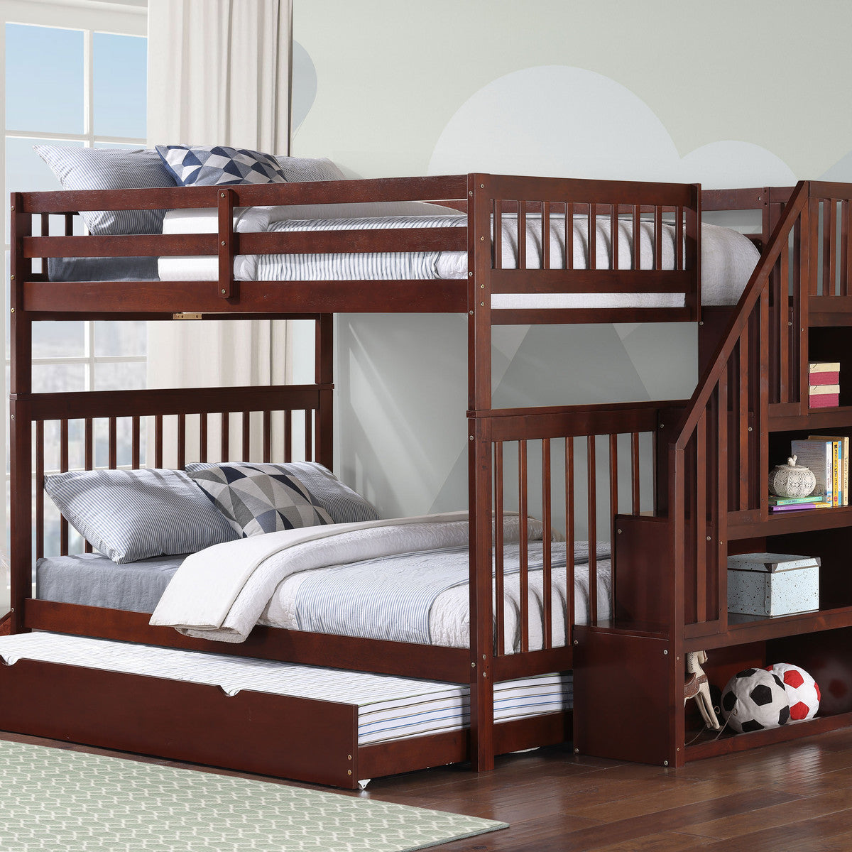 Espresso Double/Double reversible staircase bunk bed with pull-out trundle