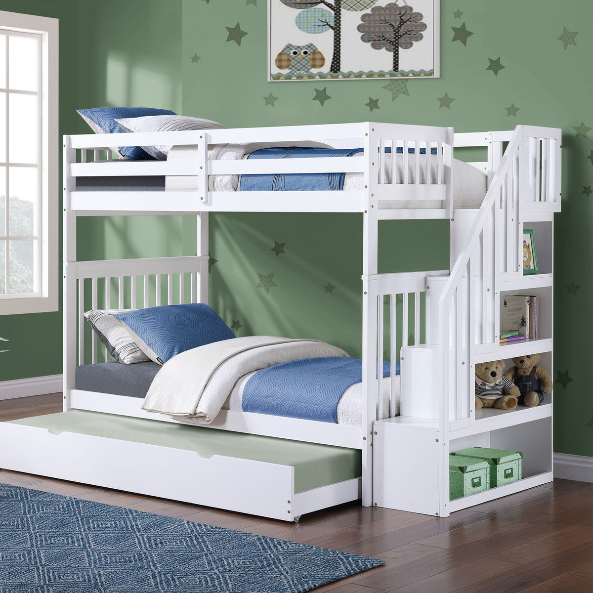 White Single/Single reversible staircase bunk bed with pull-out trundle