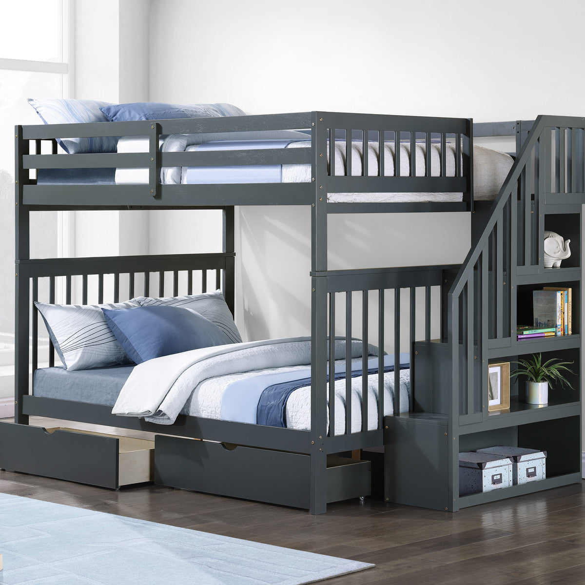 Grey Double/Double reversible staircase bunk bed with 2 storage drawers