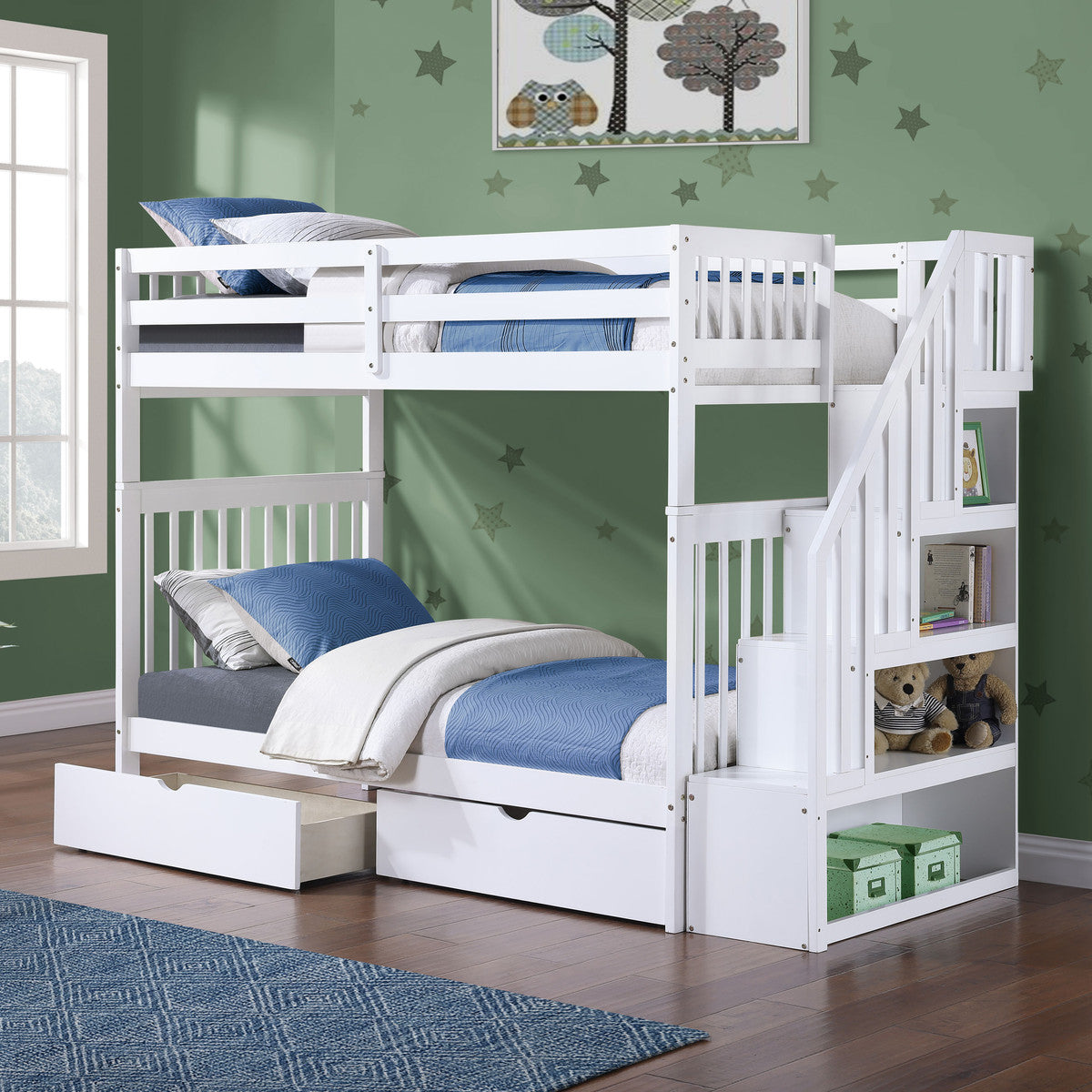 White Single/Single reversible staircase bunk bed with 2 storage drawers