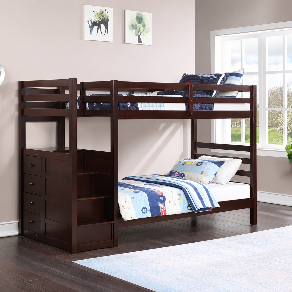 Espresso Single/Single Bunk Only — left-facing staircase bunk bed