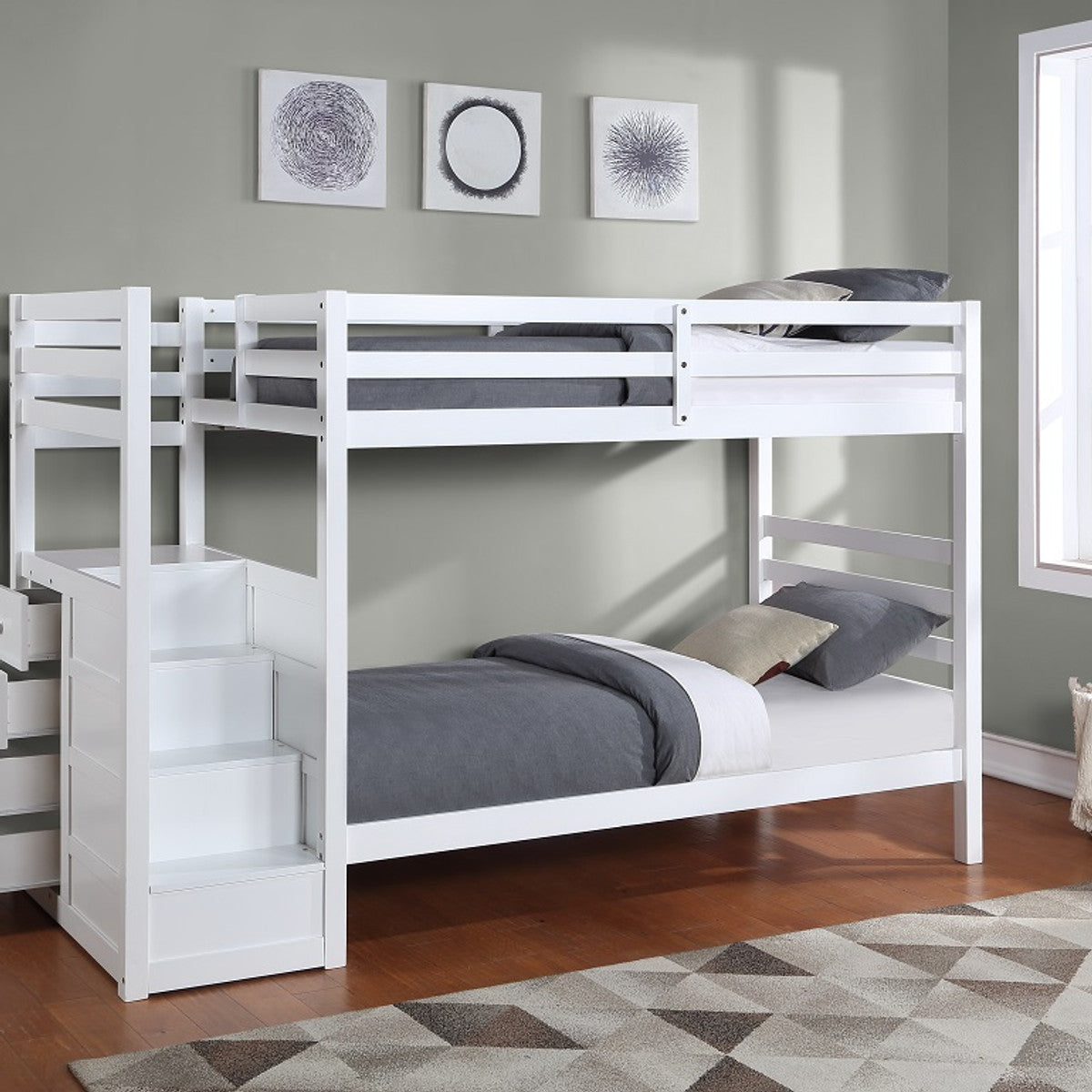 White Single/Single left-facing staircase bunk bed — supplier full-bed view