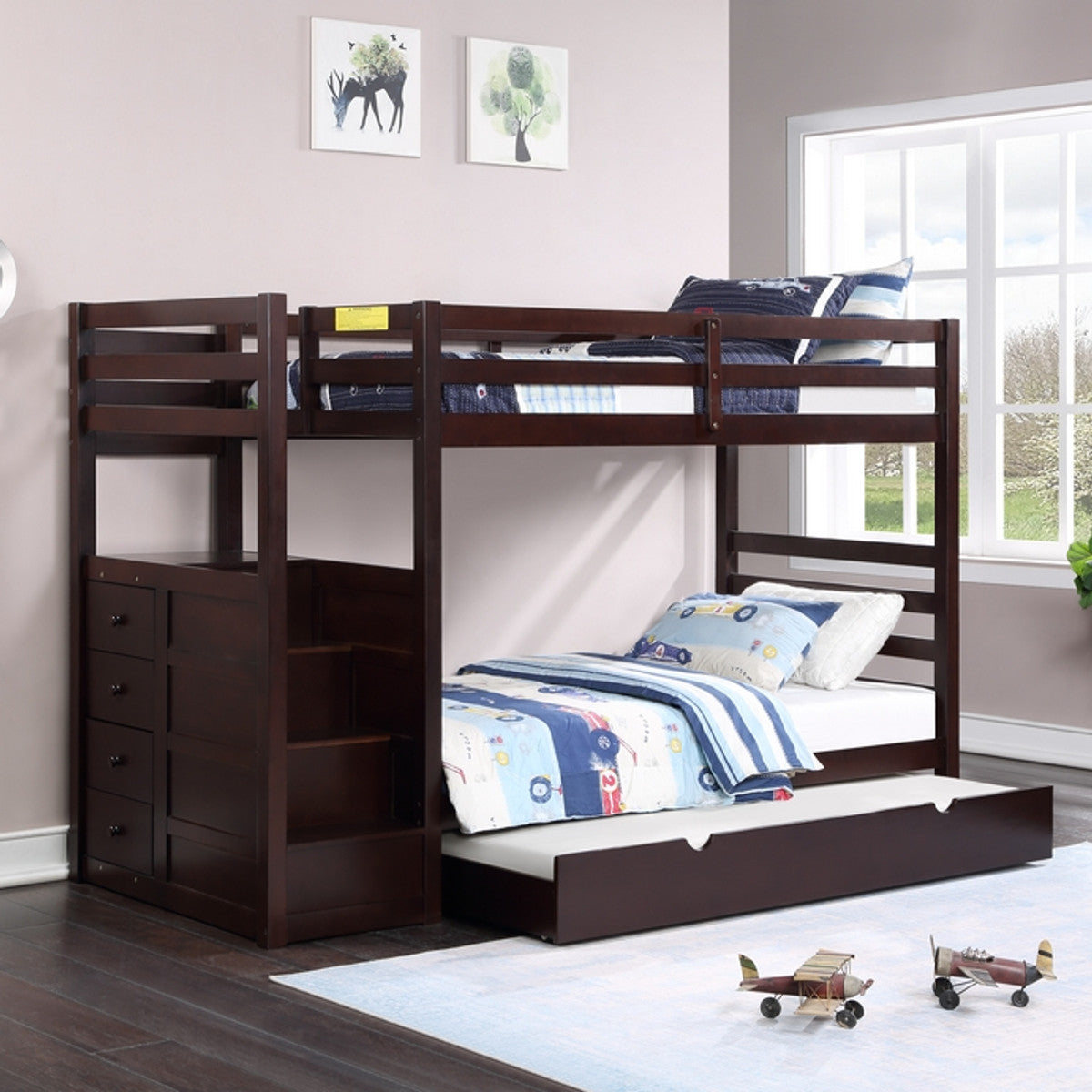 Espresso Single/Single left-facing staircase bunk bed with optional pull-out trundle