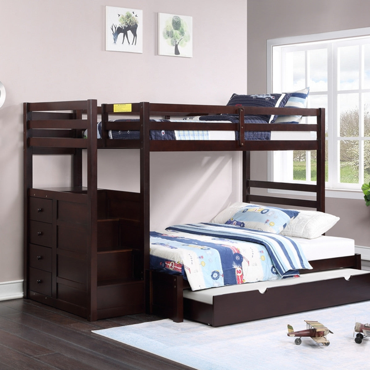 Left-Facing Staircase Bunk Bed – Single-over-Single or Single-over-Double - Espresso Single/Double Bunk Only