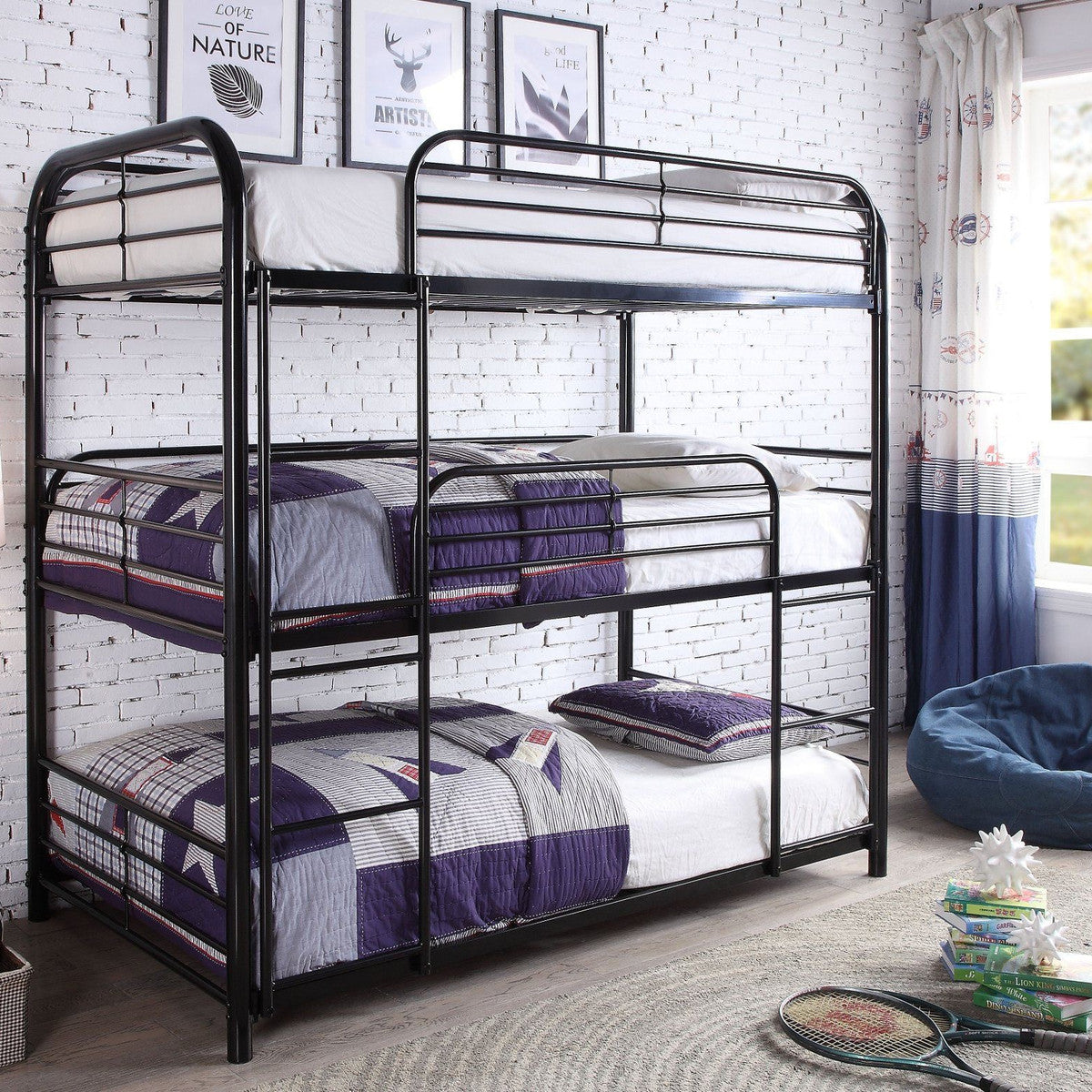 3-Level Steel Bunk Bed – Single-over-Single-over-Single - Black Single/Single/Single Bunk Only