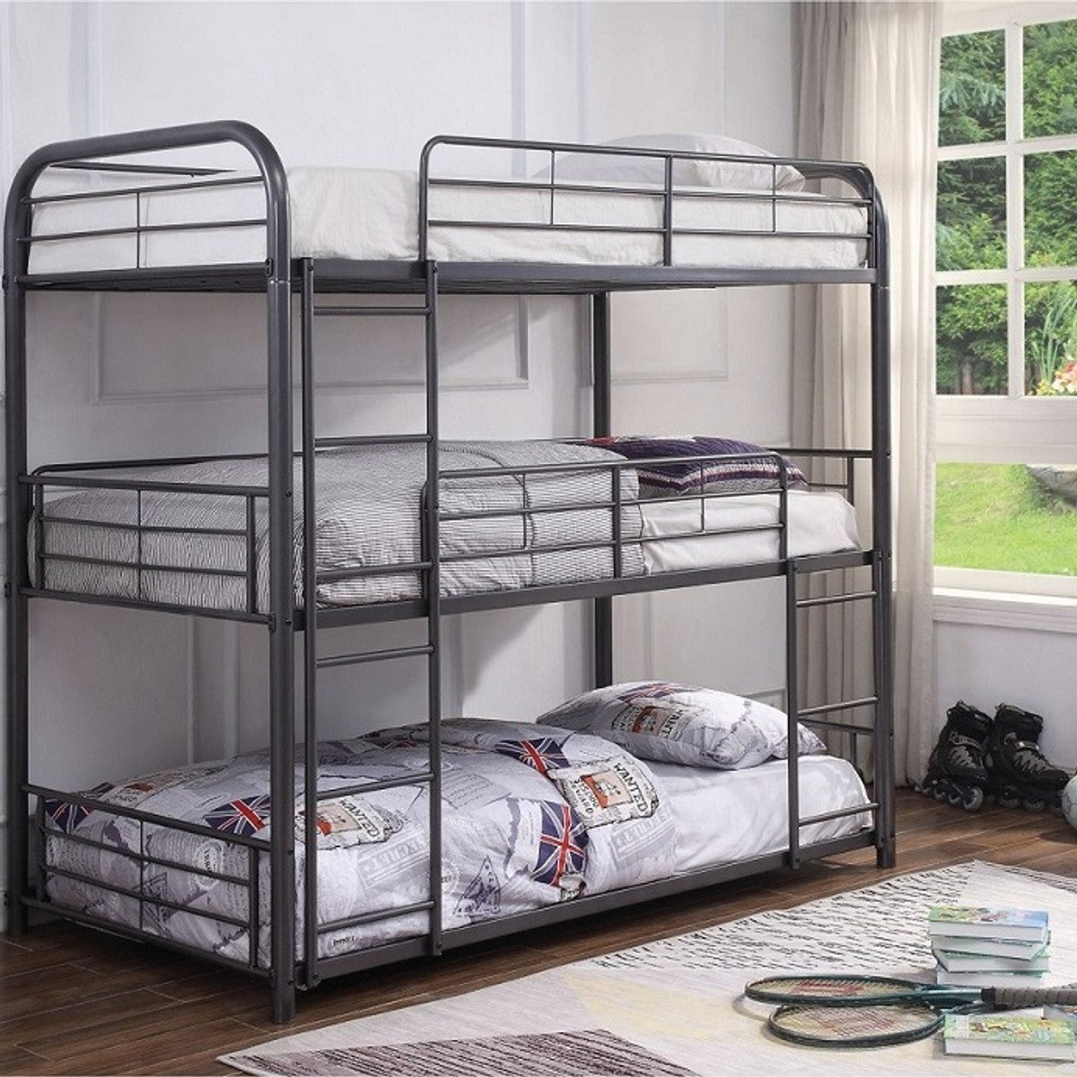 3-Level Steel Bunk Bed – Single-over-Single-over-Single - Grey Single/Single/Single Bunk Only