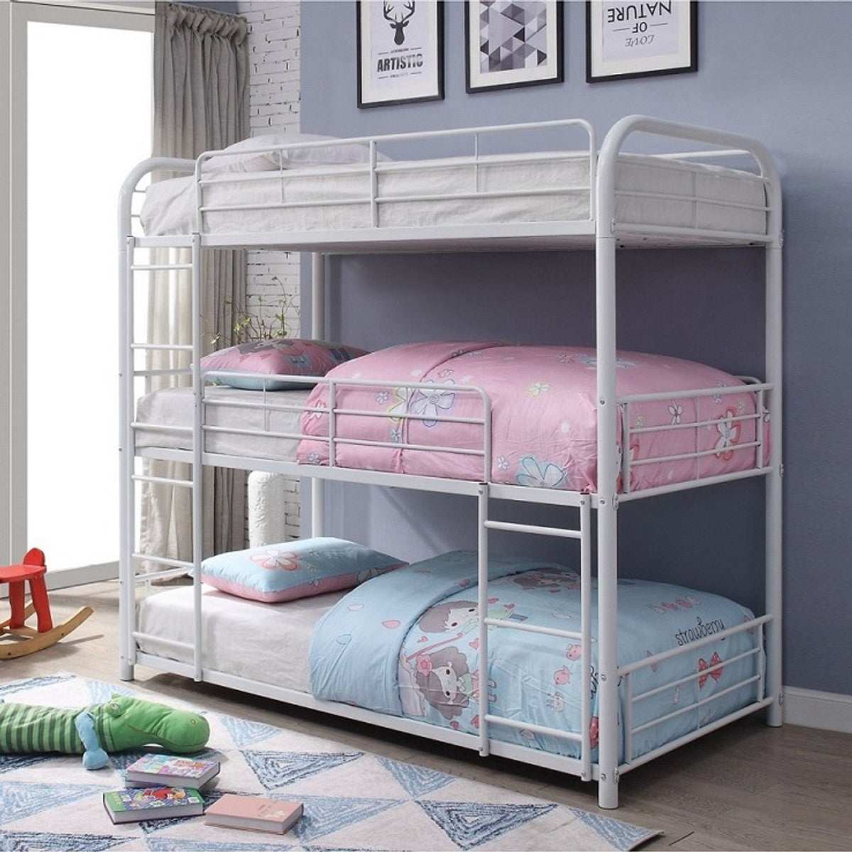 3-Level Steel Bunk Bed – Single-over-Single-over-Single - White Single/Single/Single Bunk Only